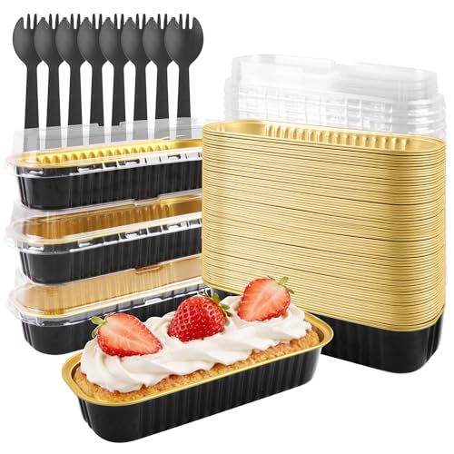 Tikxlafe 50 Pack Mini Loaf Pans with Lids & Spoons, 6.8oz Rectangle Aluminum Foil Baking Pans, Oven Safe Bread Tins for Brownie, Cheesecake, Lasagna - Disposable Food Containers - Black - Image 1
