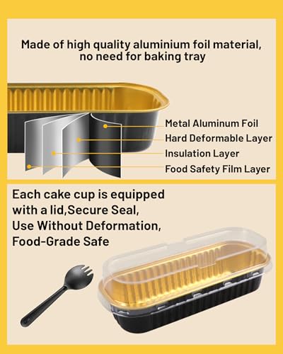 Tikxlafe 50 Pack Mini Loaf Pans with Lids & Spoons, 6.8oz Rectangle Aluminum Foil Baking Pans, Oven Safe Bread Tins for Brownie, Cheesecake, Lasagna - Disposable Food Containers - Black - Image 2