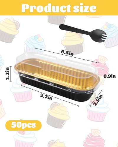 Tikxlafe 50 Pack Mini Loaf Pans with Lids & Spoons, 6.8oz Rectangle Aluminum Foil Baking Pans, Oven Safe Bread Tins for Brownie, Cheesecake, Lasagna - Disposable Food Containers - Black - Image 4