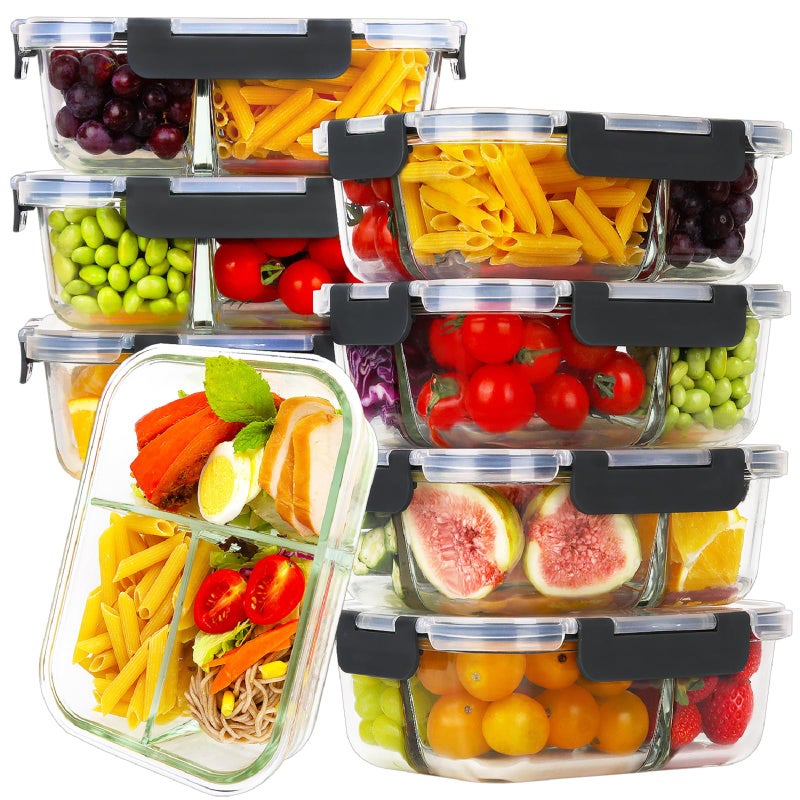 HOMBERKING 8 Pack Glass Meal Prep Containers 3 Compartment 36oz Glass Food Storage Containers with Lids Airtight Lunch Bento Boxes BPAFree  Leak Proof 8 lids  8 Container  Black