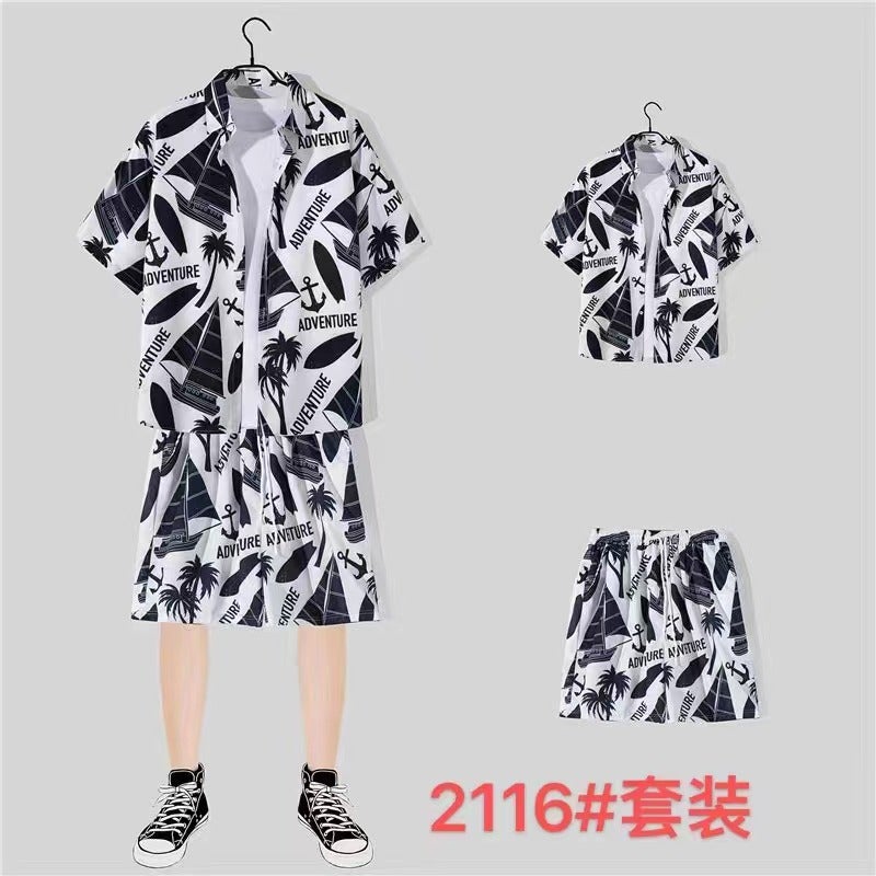 Generic Casual Beach suit Mens Summer Thin Loose Handsome Seaside Clothes Hawaiian Shorts Flower Shirt Two-piece Pack 2116 suit 