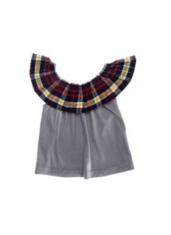 Plaids Ruffles Chest Girls Blouse - Grey, Navy Blue, Red & Yellow