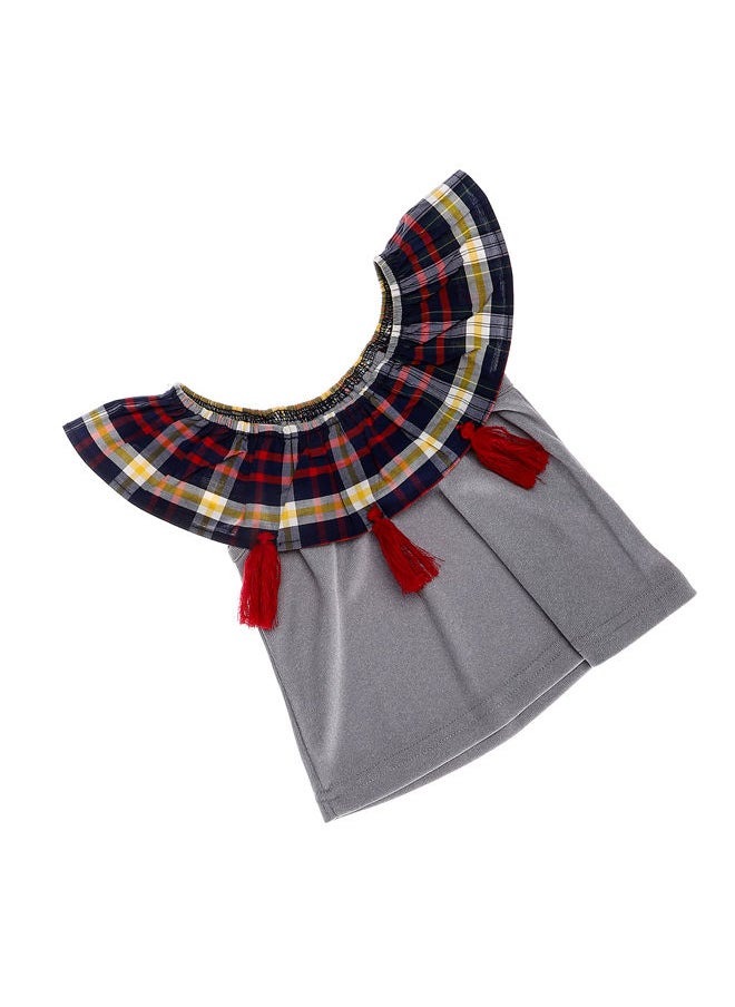 LOVELY LAND - Plaids Ruffles Chest Girls Blouse - Grey, Navy Blue, Red & Yellow - Image 1