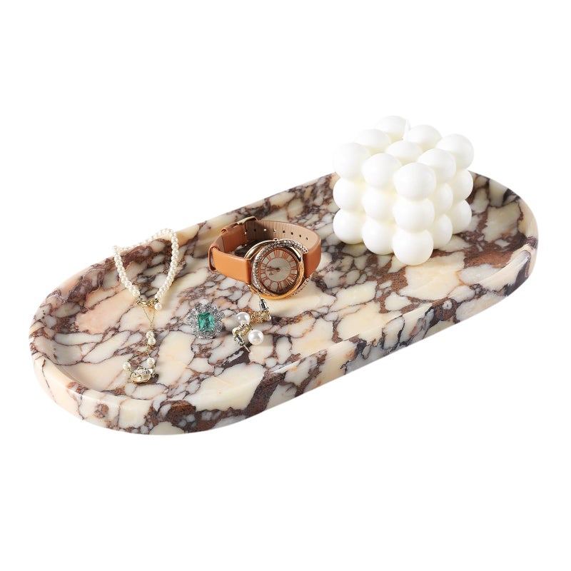 Koville Natural Decorative Marble Bathroom Tray 12x6 Calacatta Viola Marble Catchall Tray for Bathroom Stone Perfume Trays Jewelry Dish for Dresser Stone Storage Trays for Home Decor