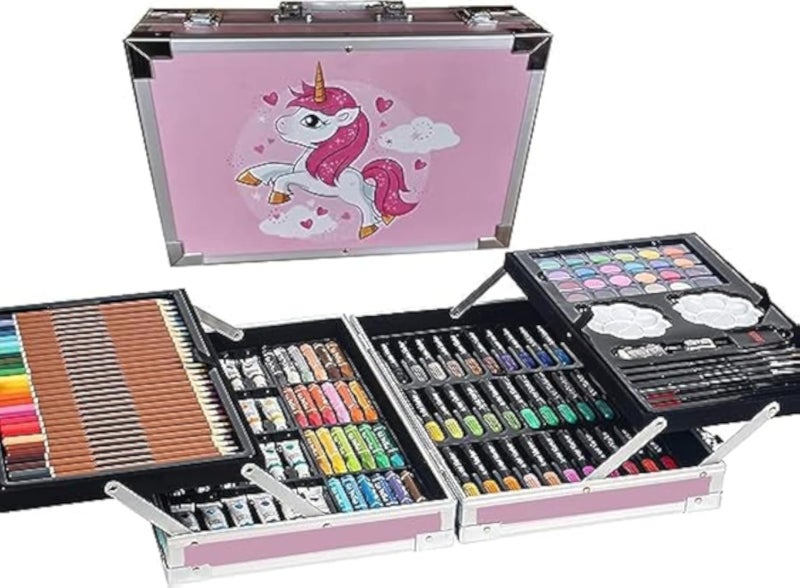 Unicorn Colouring Art Kit 145-Piece Vanity Box Suitcase Supplies Set for Kids Portable Aluminum Case Art Kit Great Gift for Teens Adults Beginners Artists (Unicorn Pink)