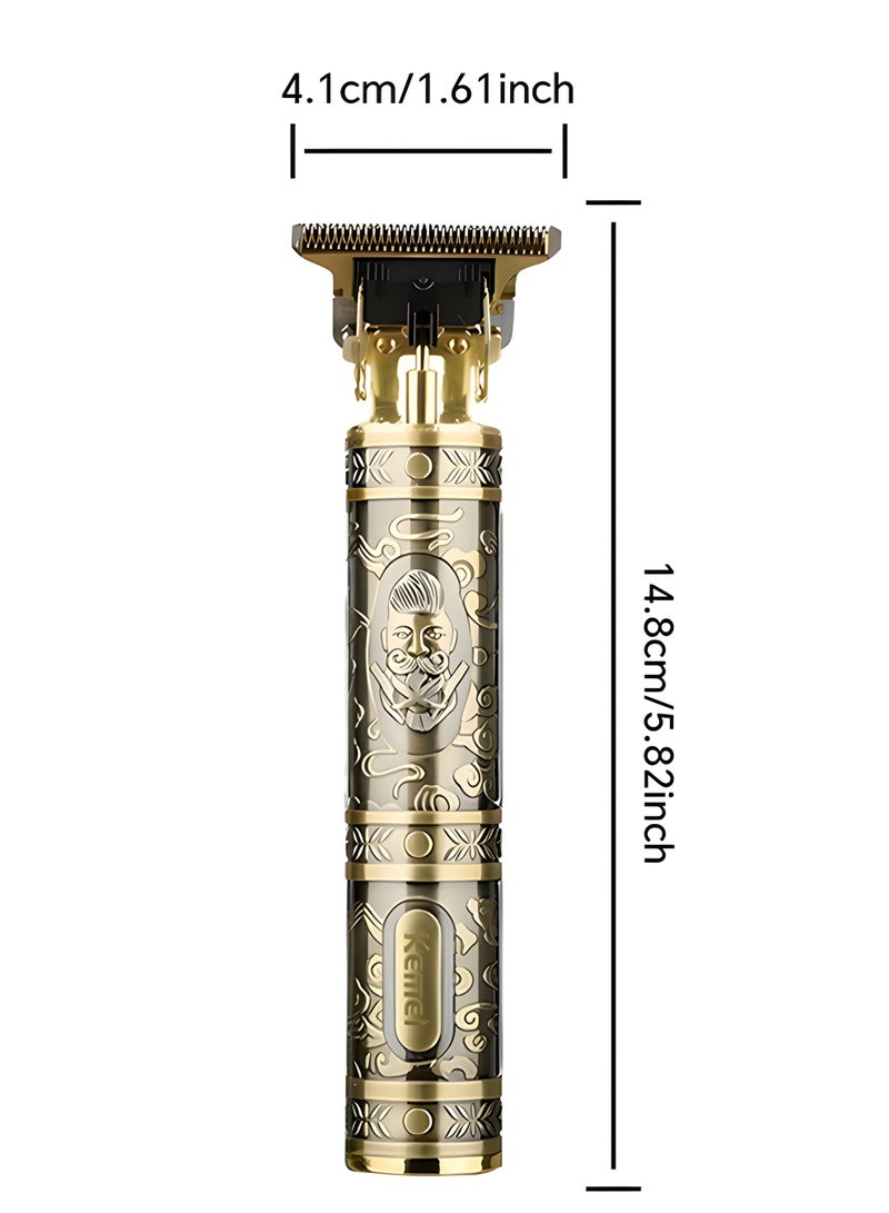 كيمي KM-T99 Professional Hair & Beard Trimmer with T-Blade, USB Rechargeable, Zero Cut, Retro Metal Design Gold - Image 3