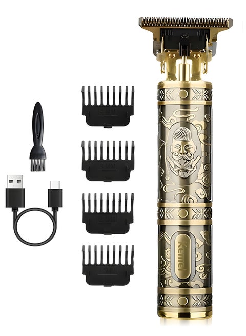 KM-T99 Professional Hair & Beard Trimmer with T-Blade, USB Rechargeable, Zero Cut, Retro Metal Design Gold