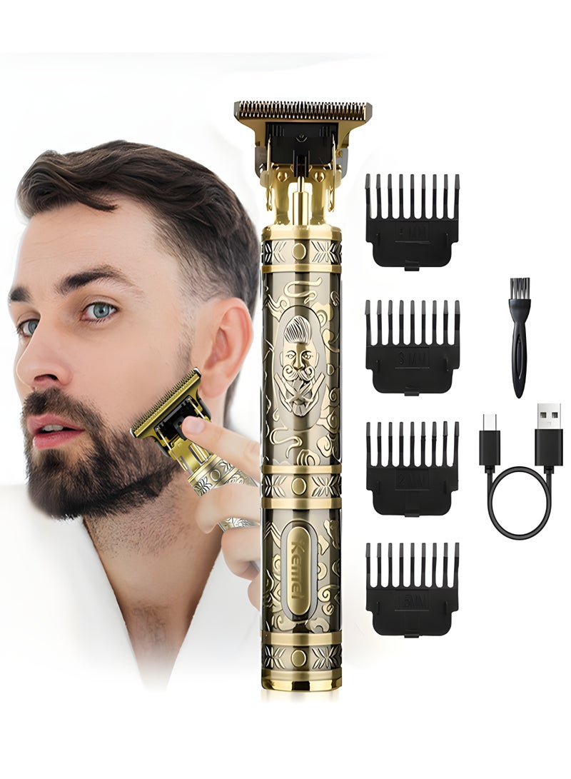 كيمي KM-T99 Professional Hair & Beard Trimmer with T-Blade, USB Rechargeable, Zero Cut, Retro Metal Design Gold - Image 2