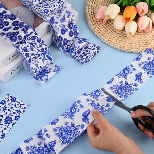 Bolsome 40 Pcs Chinoiserie Cotton Jelly Fabric Strips Blue and White Porcelain Patchwork Strips Roll for Quilting Crafting Blue White Floral Bird Precut Patchwork for Sewing DIY Crafts - Image 5