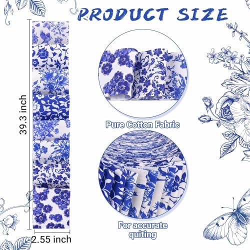 Bolsome 40 Pcs Chinoiserie Cotton Jelly Fabric Strips Blue and White Porcelain Patchwork Strips Roll for Quilting Crafting Blue White Floral Bird Precut Patchwork for Sewing DIY Crafts - Image 2