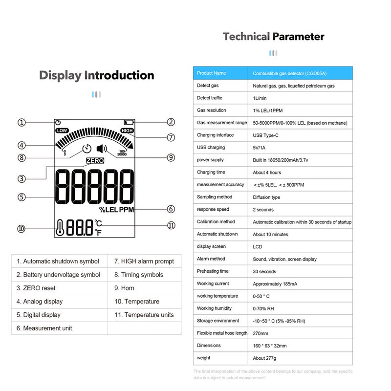 Handheld Combustible Gases Leak Detector Natural Gases Leakage Tester Portable Combustible Gases Concentration Analyzer Meter with Temperature Test and Sound Light Alarm Function - Image 2