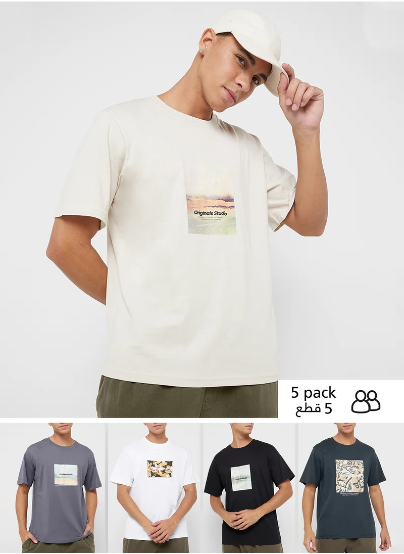 جاك اند جونز 5 Pack Graphic Crew Neck T-Shirt