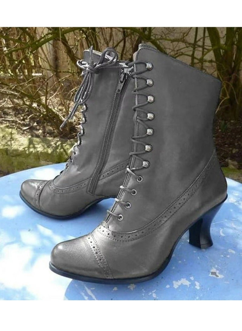Loquat Women's Kitten Heels Lace Up Ankle Boots Low Pointed-toe Mid Heeled Side Zipper Short Booties Grey