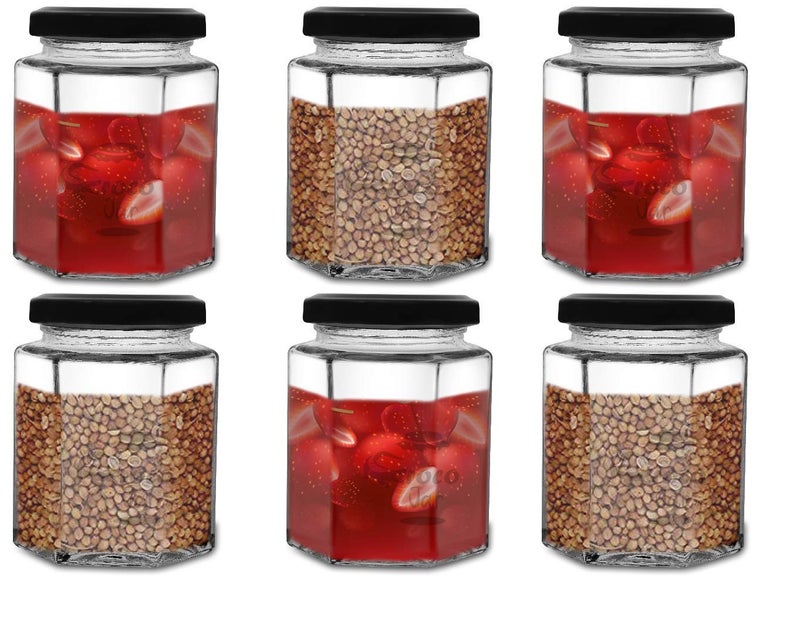 CROCO JAR Croco Hexagon Glass Jar & Container With Rust Free Air Tight Lid, Suitable For Use In Your Home Office, Kitchen Storage/Glass Jar For Kitchen 200 Ml (Pack Of 6) (Black) - Image 5
