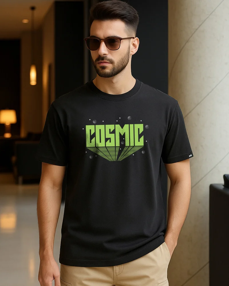 بيواكوف Men's Jet Black Cosmic Typography T-shirt