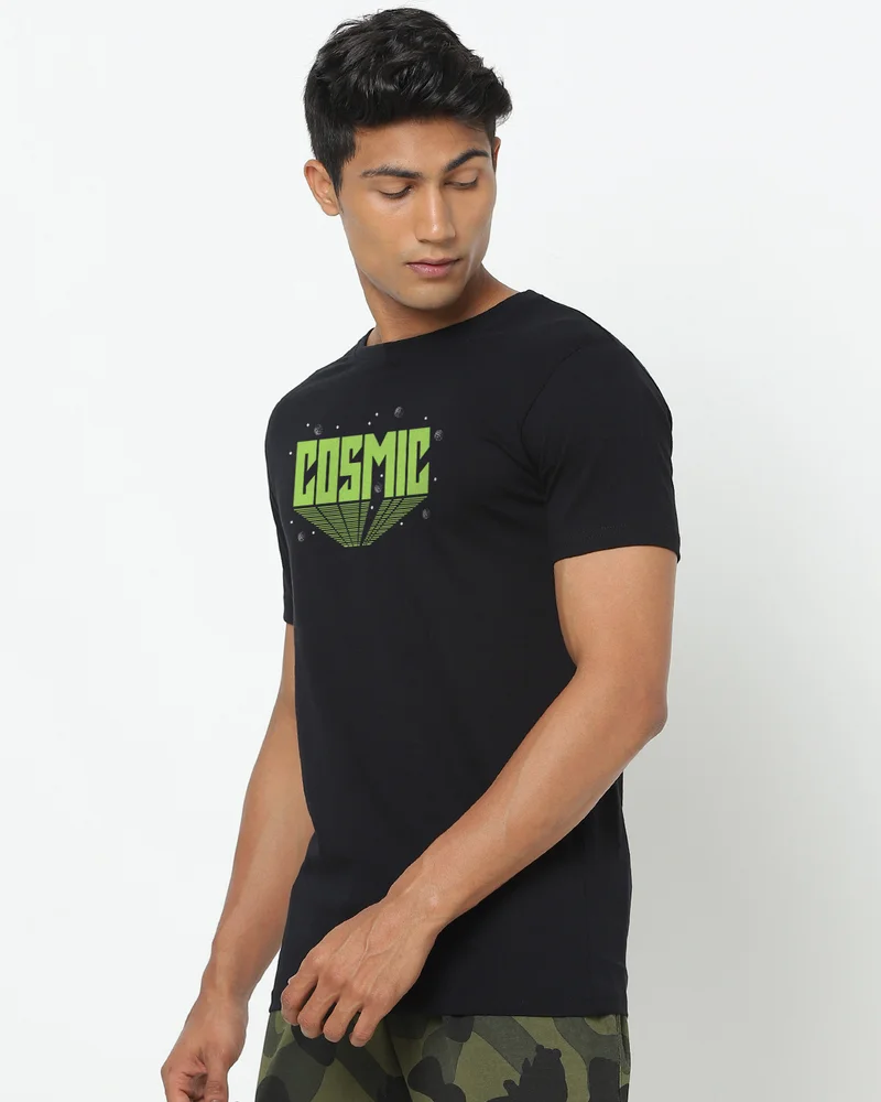 بيواكوف Men's Jet Black Cosmic Typography T-shirt