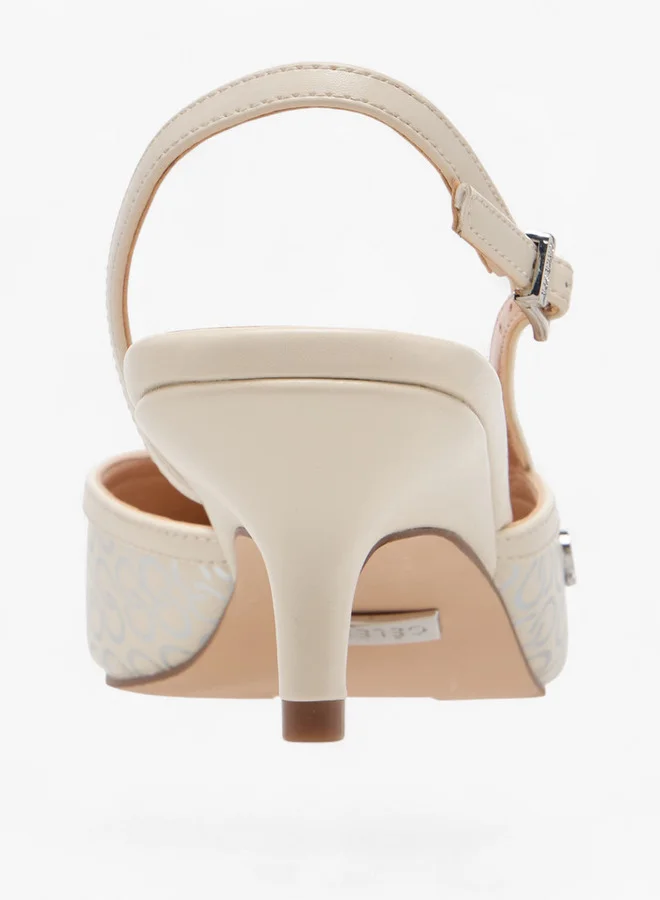 Celeste Women's Monogram Print Kitten Heel Shoes with Buckle Closure