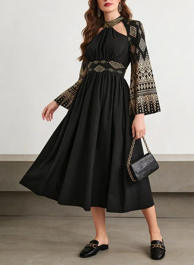 Take Two Back Printed Halter Neck Ruffle Midi Dress