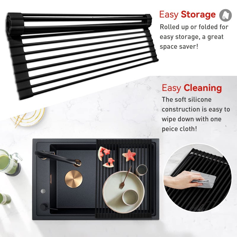 MERRYBOX Roll Up Dish Drying Rack Silicone Wrapped Over The Sink Dish Drying Rack Multipurpose Foldable Sink Drying Mat Anti-Slip & Anti-Rust Dish Rack for Kitchen, 17.5" x 13", Black - Image 3