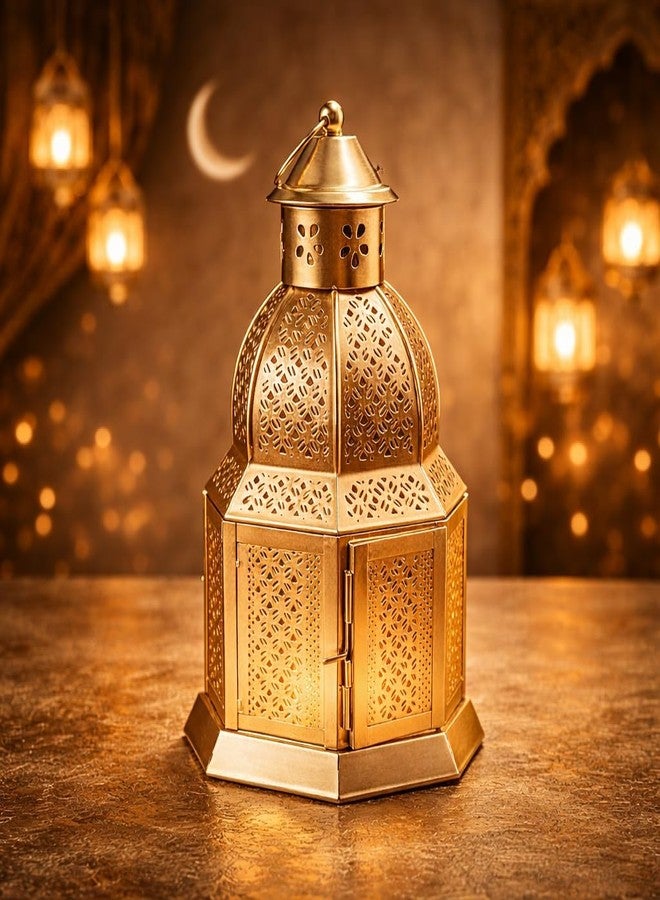 AGAAS ENTERPRISES Gold Metal Moroccan Lantern with Cutwork (25 cm) + Tealight Included | Hanging Decorative Candle Holder for Home, Balcony & Garden | Diwali, Eid, Ramadan, Christmas, Wedding & Festive Decor - Image 1