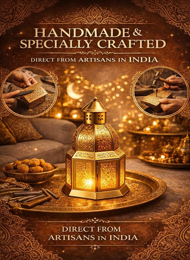 AGAAS ENTERPRISES Gold Metal Moroccan Lantern with Cutwork (25 cm) + Tealight Included | Hanging Decorative Candle Holder for Home, Balcony & Garden | Diwali, Eid, Ramadan, Christmas, Wedding & Festive Decor - Image 2