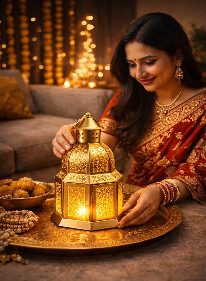 AGAAS ENTERPRISES Gold Metal Moroccan Lantern with Cutwork (25 cm) + Tealight Included | Hanging Decorative Candle Holder for Home, Balcony & Garden | Diwali, Eid, Ramadan, Christmas, Wedding & Festive Decor - Image 5