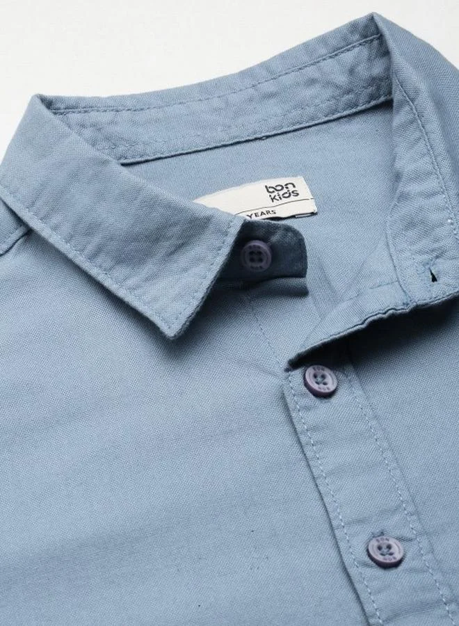 Bonkids Boy's shirts in regular fit grey colour cotton fabric embellished pattern pull over closure woven weave type round collar type round neckline half sleeve length button down upper body wear type suitable for casual occasions – the fresh pick of the fashion season!