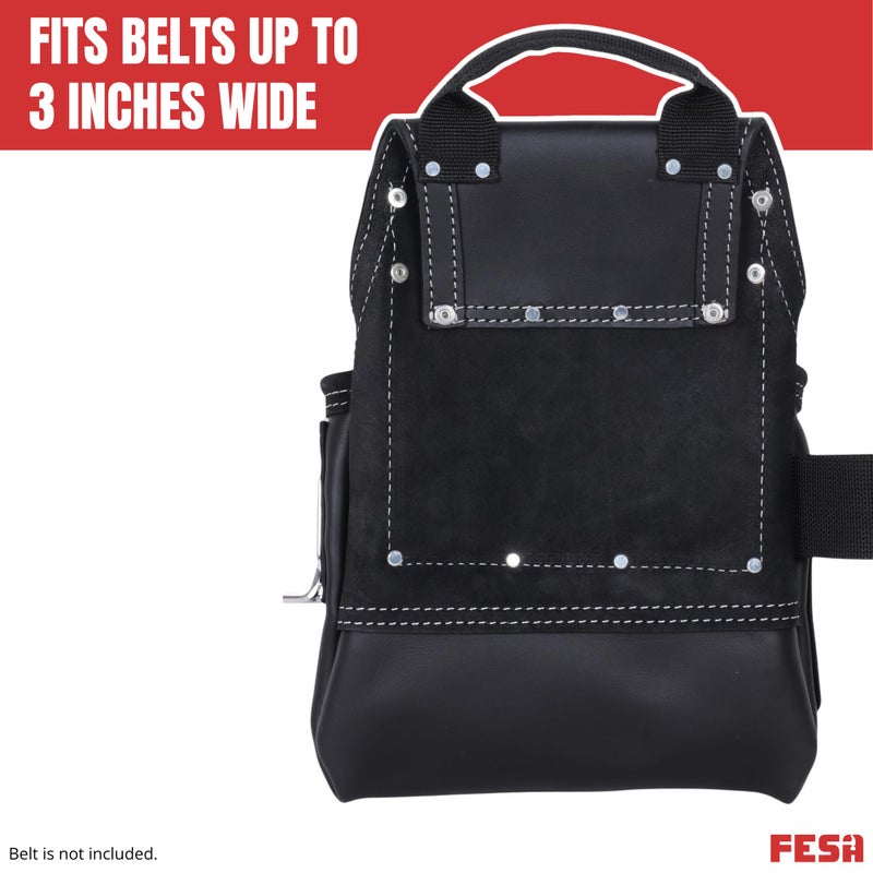 FESA Leather Carpenter Tool Pouch - 10-Pocket Heavy Top Grain Leather Carpenter Pouch with 2 Hammer Loops, Large & Small Pockets - Fits Work Belts up to 3" - Handcrafted (Black, Mexico) - Image 4