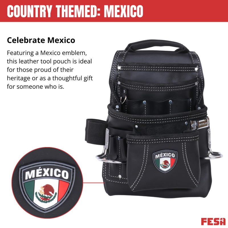 FESA Leather Carpenter Tool Pouch - 10-Pocket Heavy Top Grain Leather Carpenter Pouch with 2 Hammer Loops, Large & Small Pockets - Fits Work Belts up to 3" - Handcrafted (Black, Mexico) - Image 5