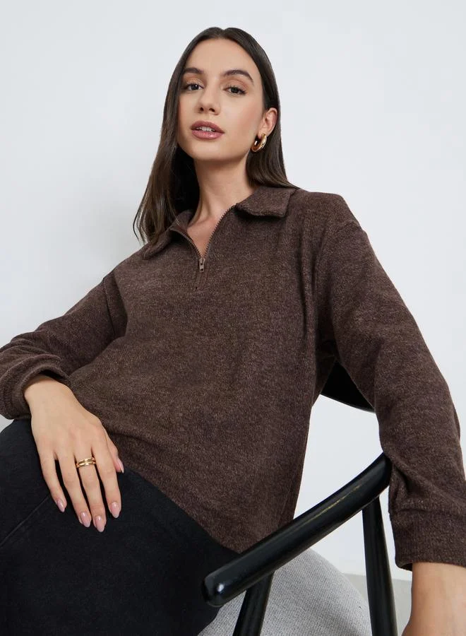 Styli Brown Collared Neck Knit Sweatshirt