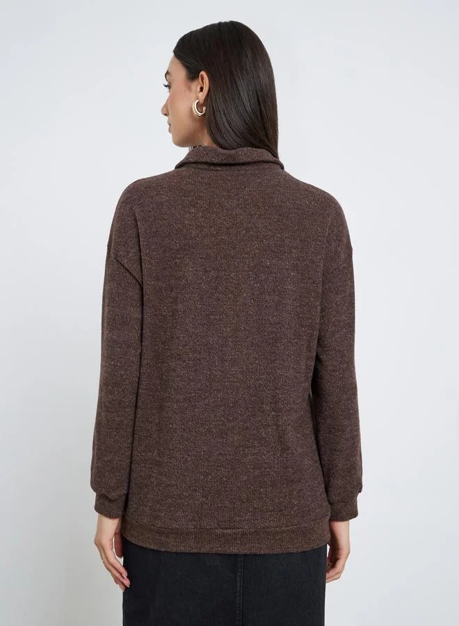 Styli Styli Brown Collared Neck Knit Sweatshirt
