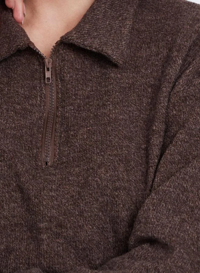 Styli Styli Brown Collared Neck Knit Sweatshirt