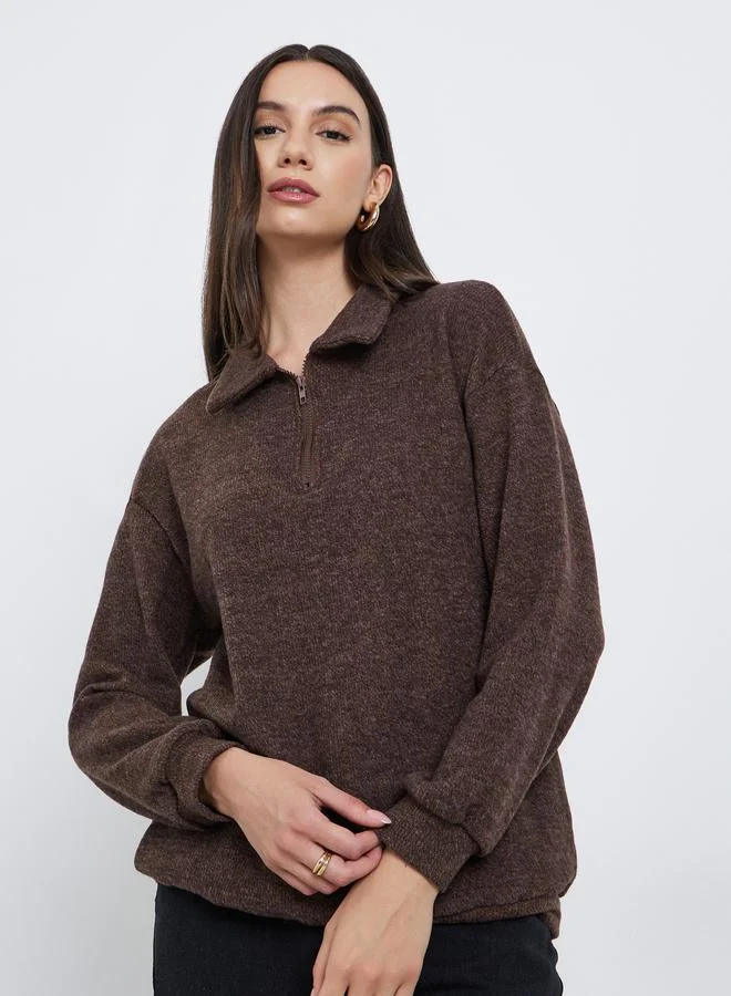 Styli Styli Brown Collared Neck Knit Sweatshirt