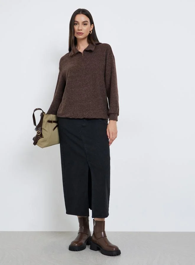 ستايلي سويت شيرت محبوك بياقة مع سحَّاب غلق