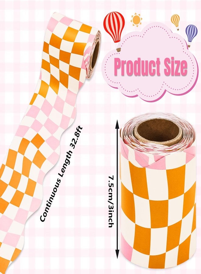 Whaline 98.4ft Retro Groovy Bulletin Board Borders Pink Orange Checkered Die-Cut Bulletin Board Stripes Checkered Flower Rolled Bulletin Board Trim for School Classroom Office Chalkboard Decor - Image 2