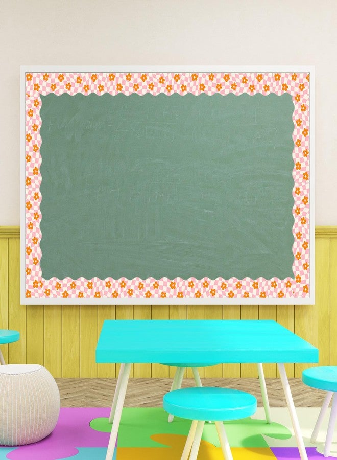 Whaline 98.4ft Retro Groovy Bulletin Board Borders Pink Orange Checkered Die-Cut Bulletin Board Stripes Checkered Flower Rolled Bulletin Board Trim for School Classroom Office Chalkboard Decor - Image 4