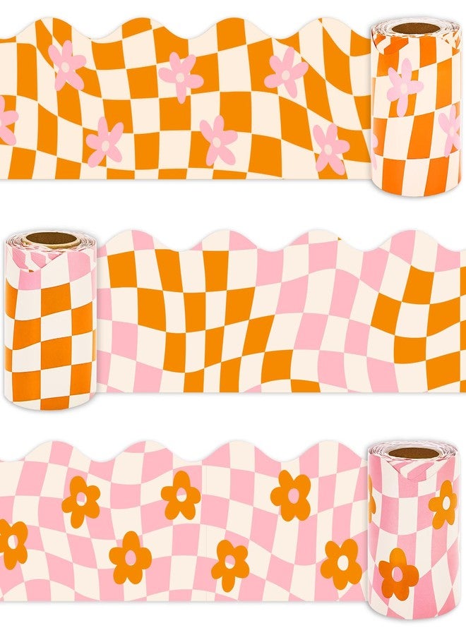 Whaline 98.4ft Retro Groovy Bulletin Board Borders Pink Orange Checkered Die-Cut Bulletin Board Stripes Checkered Flower Rolled Bulletin Board Trim for School Classroom Office Chalkboard Decor - Image 1