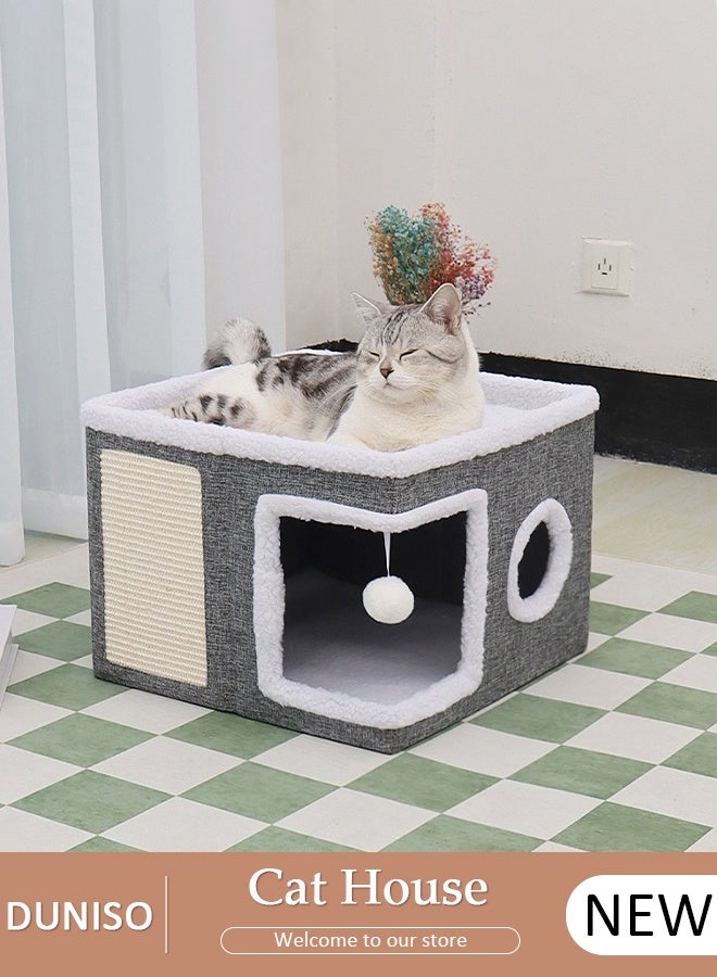 DUNISO بيت قطط، سرير قطط قابل للطي للقطط والجراء الداخلية، مكعب كهف للعب والراحة والنوم للحيوانات الأليفة الكبيرة والمتينة لجميع الفصول مع كرة معلقة رقيقة، وسادة خدش، وصندوق تخزين قابل للفصل، مخبأ للقطط - Image 1