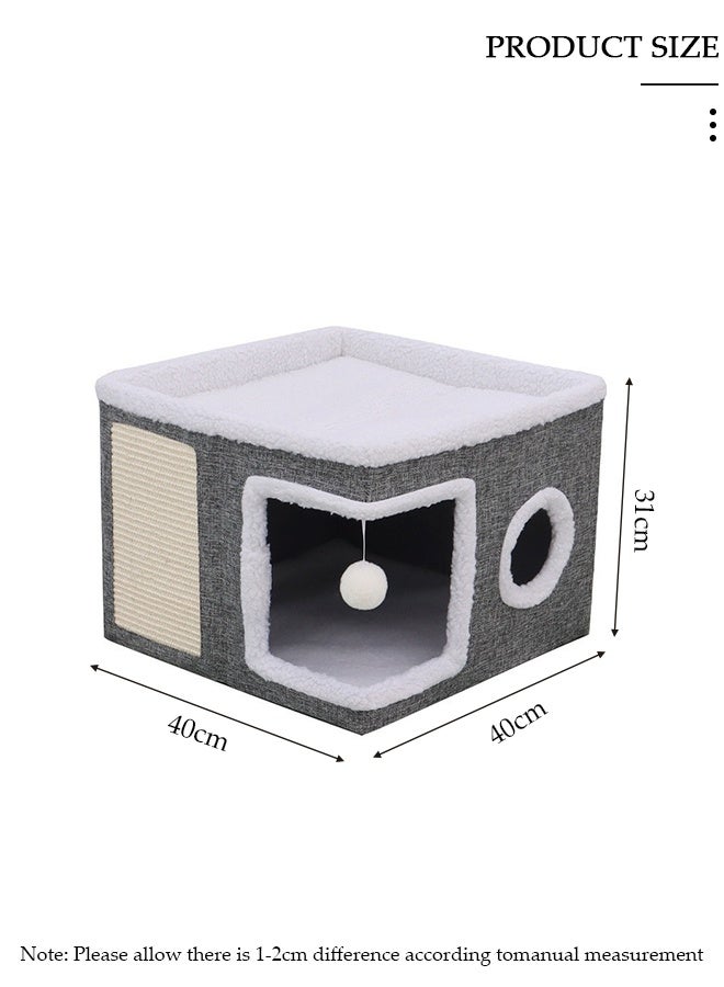 DUNISO بيت قطط، سرير قطط قابل للطي للقطط والجراء الداخلية، مكعب كهف للعب والراحة والنوم للحيوانات الأليفة الكبيرة والمتينة لجميع الفصول مع كرة معلقة رقيقة، وسادة خدش، وصندوق تخزين قابل للفصل، مخبأ للقطط - Image 2