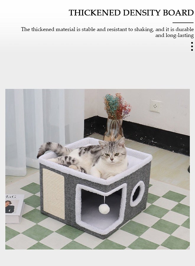 DUNISO بيت قطط، سرير قطط قابل للطي للقطط والجراء الداخلية، مكعب كهف للعب والراحة والنوم للحيوانات الأليفة الكبيرة والمتينة لجميع الفصول مع كرة معلقة رقيقة، وسادة خدش، وصندوق تخزين قابل للفصل، مخبأ للقطط - Image 3