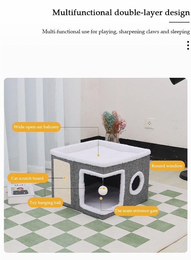 DUNISO بيت قطط، سرير قطط قابل للطي للقطط والجراء الداخلية، مكعب كهف للعب والراحة والنوم للحيوانات الأليفة الكبيرة والمتينة لجميع الفصول مع كرة معلقة رقيقة، وسادة خدش، وصندوق تخزين قابل للفصل، مخبأ للقطط - Image 4