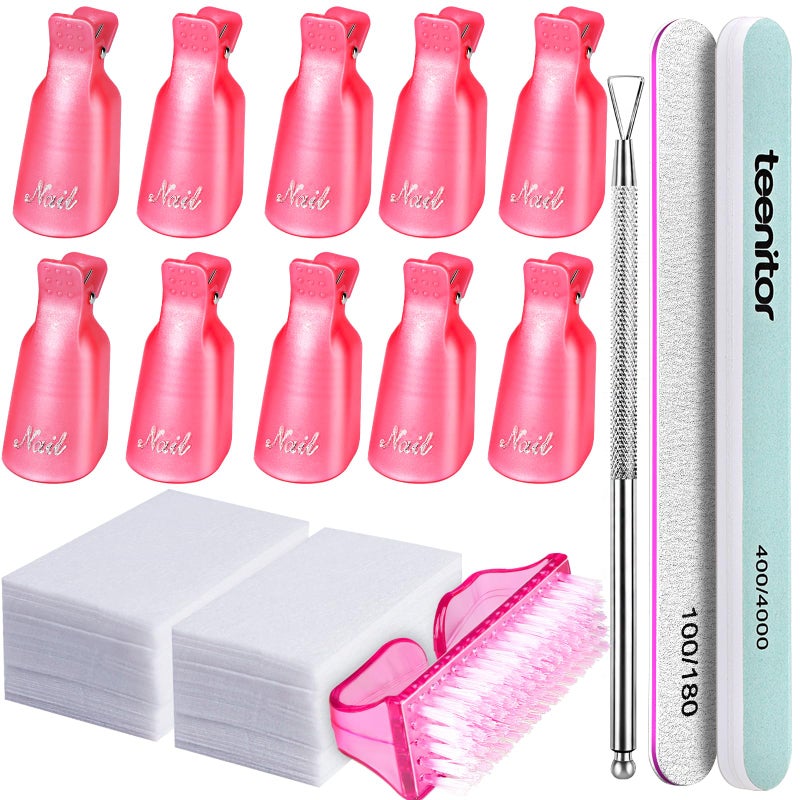 Teenitor Nail Gel Remover Tools Kit with Pink Polish Remover Clips, Cuticle Peeler Scraper, Gel Nail Brush, 115 Pack Nail Wipe Cotton Pads, Nail File Grits 120/180 Buffer Block Grits 400/4000 Rose - Image 1