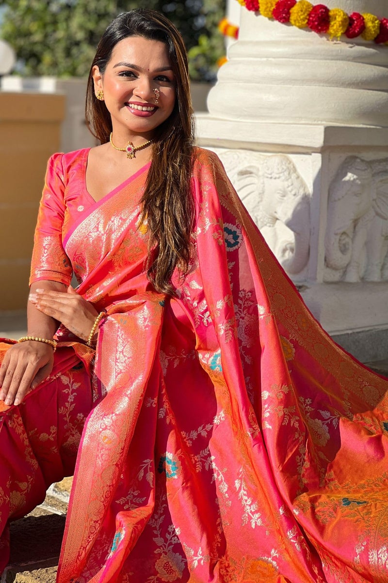 SGF11 Women's Kanjivaram Pure Soft Silk Saree With Unstitched Blouse Piece (Peach) - Image 5