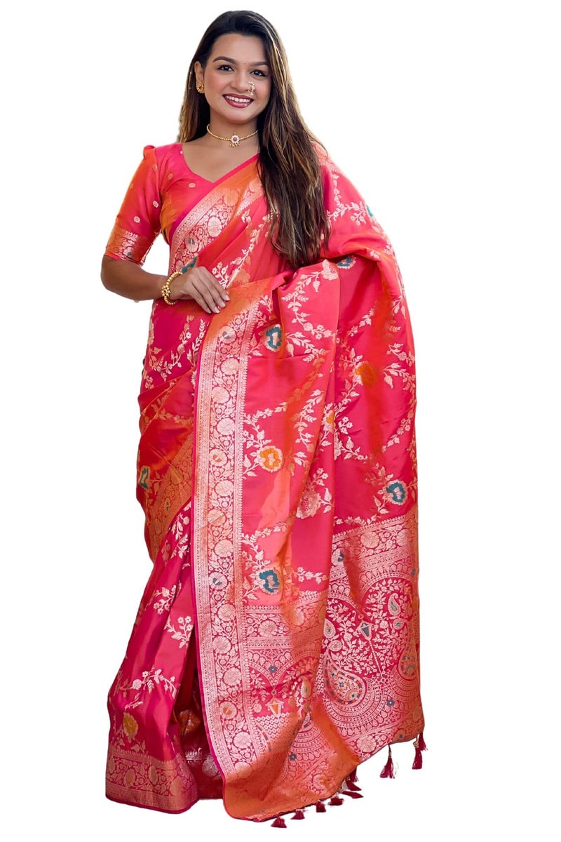 SGF11 Women's Kanjivaram Pure Soft Silk Saree With Unstitched Blouse Piece (Peach) - Image 1