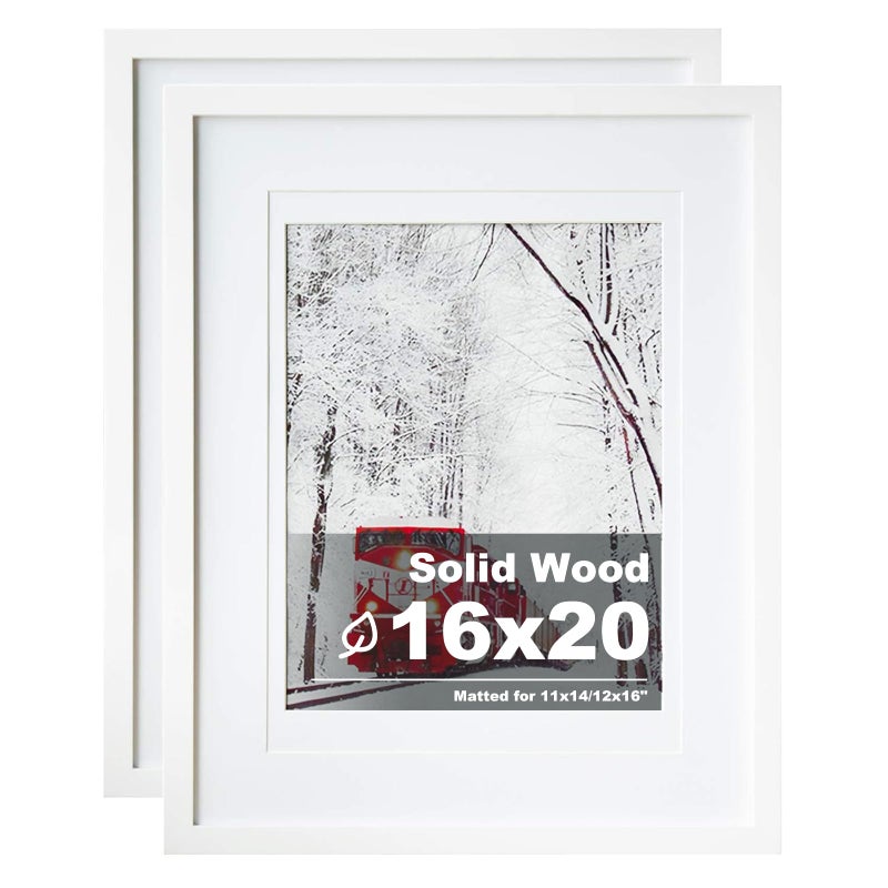 Egofine 16x20 Solid Wood Poster Frame Matted for 11x14 and 12x16 White Acrylic Plexiglass Front for Wall Mounting Hanging Picture Frame Vertically or Horizontally Set of 2