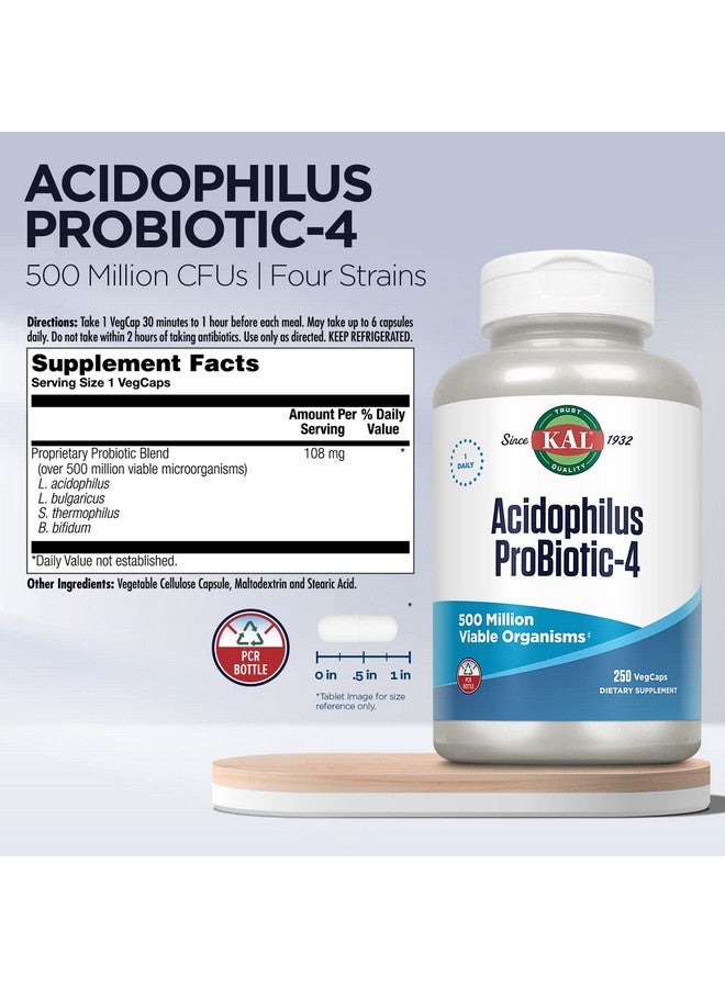 KAL Acidophilus ProBiotic-4, 500 Million CFUs, Four Probiotic Strains, Probiotics for Women and Men, Freeze Dried, L. acidophilus, L. bulgaricus, S. thermophilus, B. bifidum, 250 Servings, 250 VegCaps - Image 3