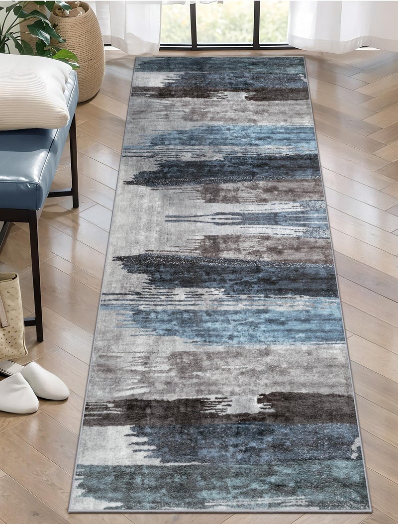 Ciicool 2x6 Washable Runner Rug, Modern Abstract Hallway Rugs Runner, Non-Slip Thin Accent Rug Lightweight Navy Grey Print Distressed Carpet for Laundry Entryway Bedroom Kitchen Bathroom Indoor - Image 1