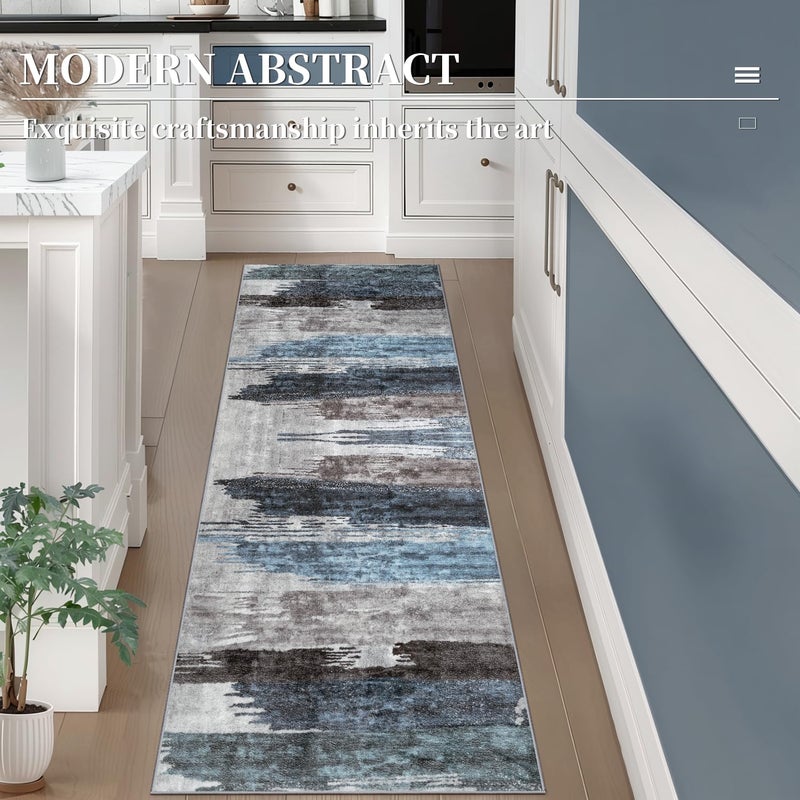 Ciicool 2x6 Washable Runner Rug, Modern Abstract Hallway Rugs Runner, Non-Slip Thin Accent Rug Lightweight Navy Grey Print Distressed Carpet for Laundry Entryway Bedroom Kitchen Bathroom Indoor - Image 2