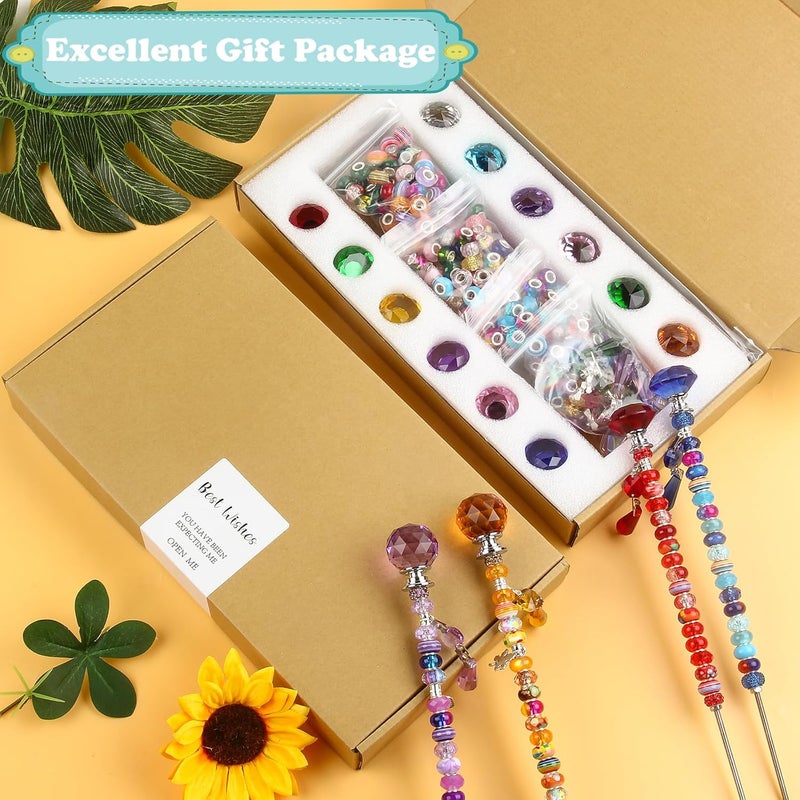 UFU 310 Pcs Beaded Garden Stakes Kit - DIY Fairy Wand Garden Stake Beads Kit with 252 Colorful Assortment Large Hole Beads, 12 or 10IN Threaded Rod, Crystal Stopper Top & Pendants for Outdoor Decor - Image 4