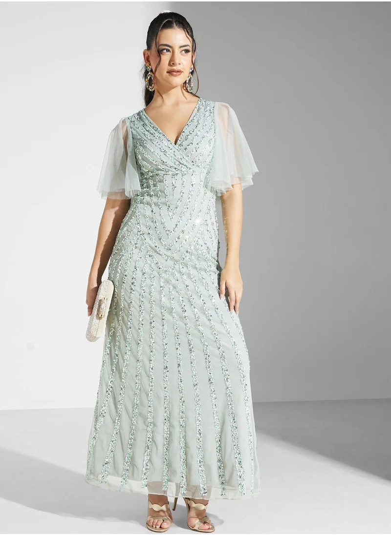 Namshi x Youmna Embellished Ruffle Sleeve Dress